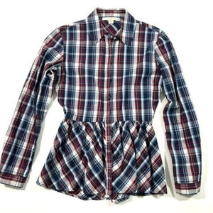 Boston Proper Womens Peplum Plaid Shirt Button Front Size 2